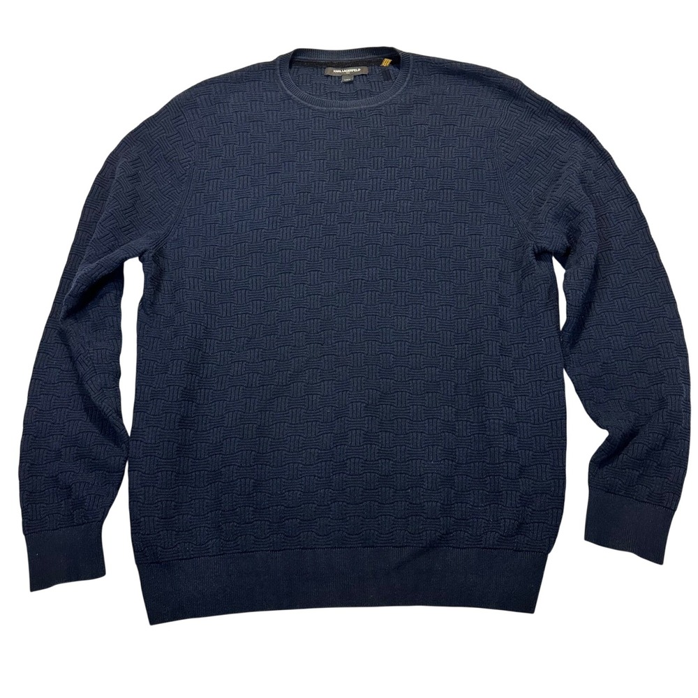 Karl Lagerfeld Paris Mens Navy Blue Basket Weave Crew Neck‎ Sweater L Preppy